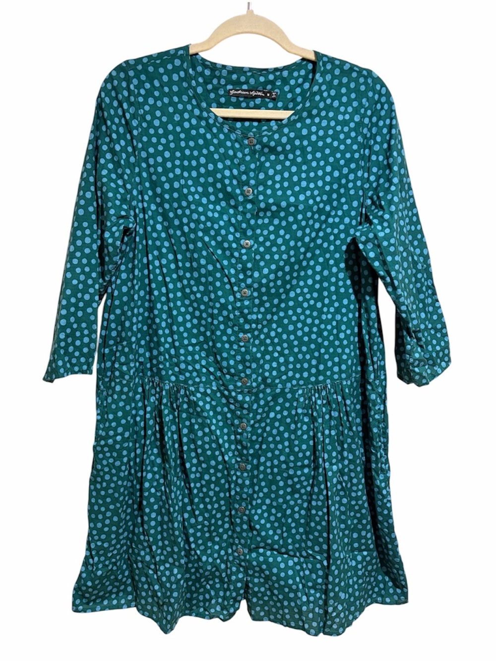 Gudrun Sjoden Teal Blue Polka Dot Tunic Mini Dress Lagenlook Size Medium